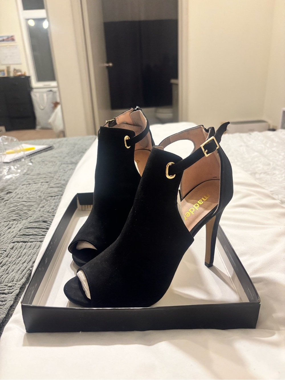 Michael Kors Black Peep-Toe Stiletto Ankle Booties with Gold Buckle